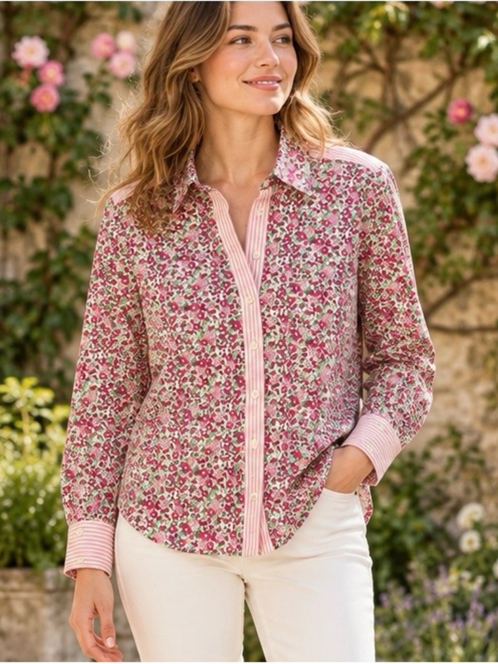 Boden Sienna Radiant Bloom Floral Stripe Cotton Shirt 8P 100% Cotton BEAUTIFUL